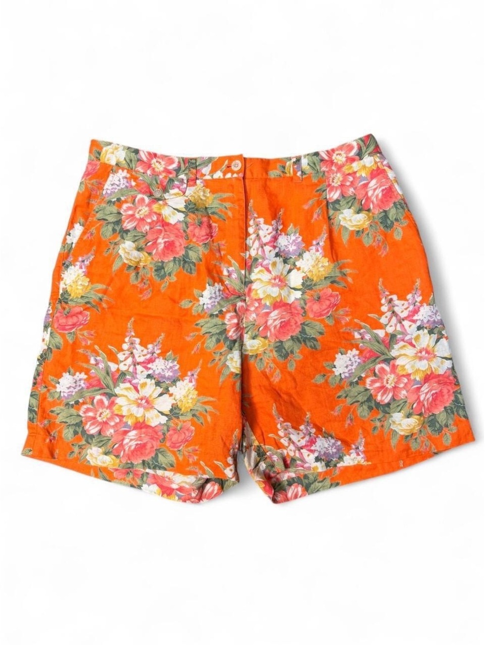 Vintage Lauren Ralph Lauren Linen Shorts 14 Orange Floral High Rise 90s